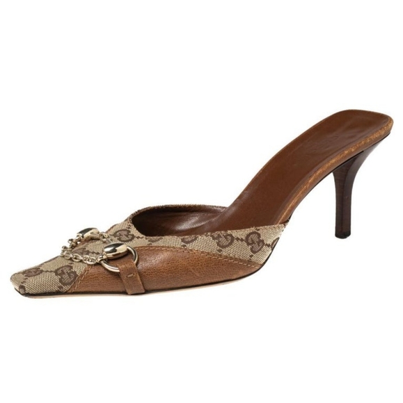 Gucci Beige/Brown Guccissima Canvas Horsebit And Bits Chain Slides Size 8.5 - Picture 3 of 8